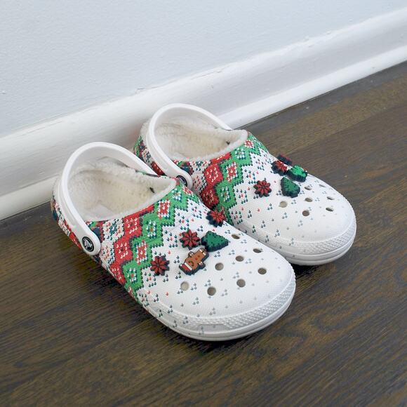 Crocs Classic Holiday Lined Clog Christmas Ugly Sweater Charm White M8 W10 - Picture 1 of 7